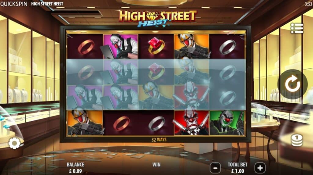 High Street Heist Slot Review Quickspin Wilds Wild Symbol Scatter Respin Bonus Feature