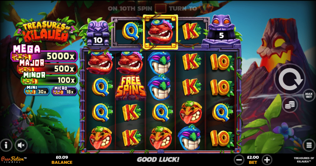 Treasures Of Kilauea Slot Review PearFiction Studios Visuals Volatile Bonus Free Spins Wild Multiplier x2