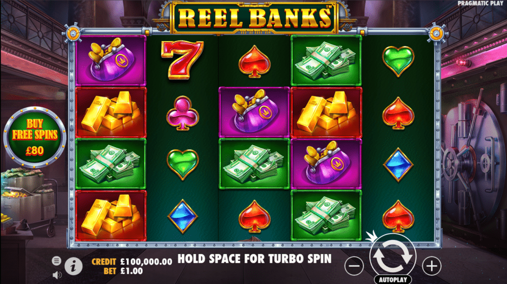 Reel Banks Slot Review Pragmatic Play Featured Title Image Slots Casino Free Spins Multiplier Money Collect Multiply Free Spin Spins Wilds