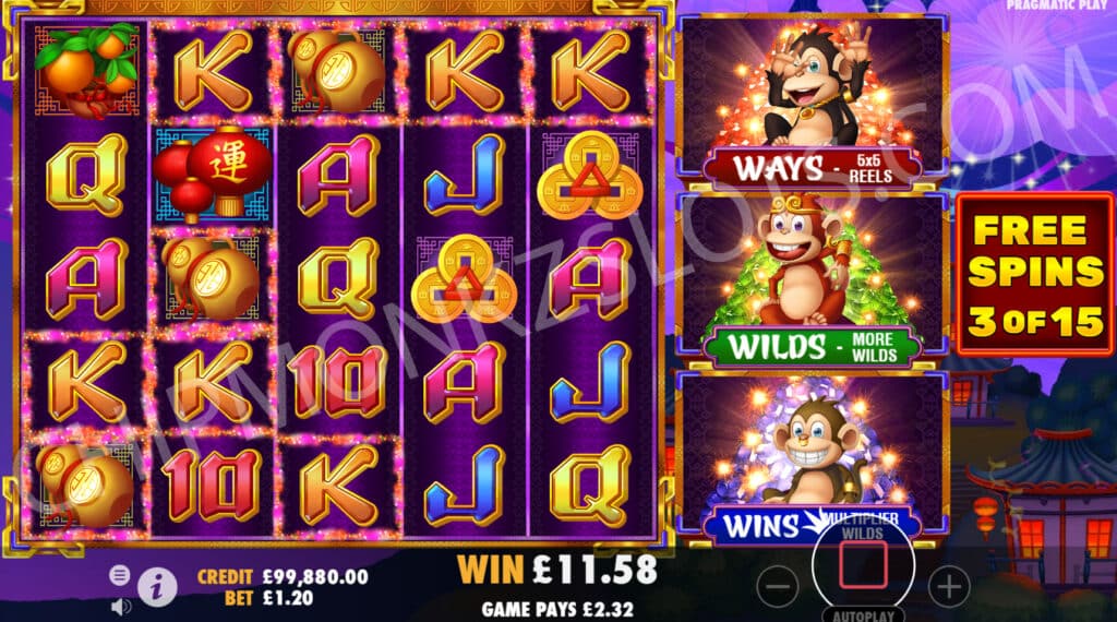 3 Dancing Monkeys Wild Streak Gaming Slots Volatile Bonus Red Green Blue Gem Gems Free Spins Bonus Buy