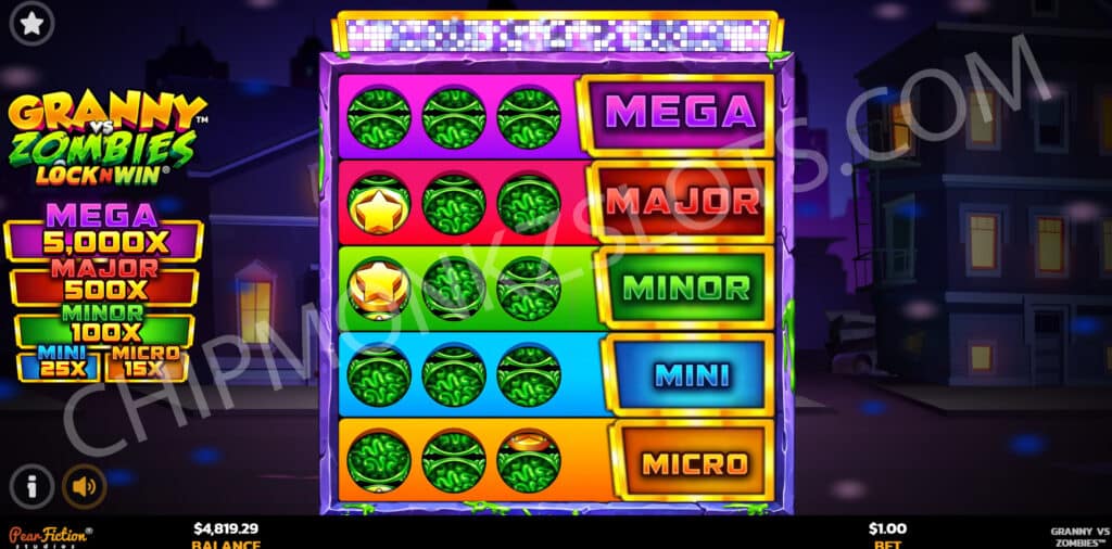 Granny vs Zombies PearFiction Studios Slot Review LockNWin Bonus Buy Walking Wild Multiplier Jackpot Wheel Progressive Coins Respin Micro Mini Minor Major Mega