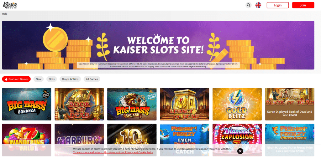 KaiserSlots Casino Wepage