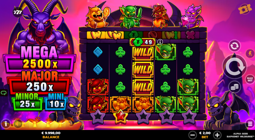 Alpha Gods Baphomet WildSurge PearFiction Studios Slot Review Online Slots Casino New Volatile