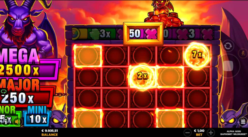 Alpha Gods Baphomet WildSurge PearFiction Studios Slot Review Online Slots Casino New Volatile Bonus Buys Free Games Spins